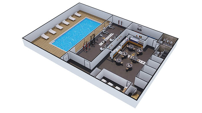 Indoor pool and food court 3d floor plan rendering