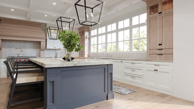 Traditional kitchen interior with coffered ceiling