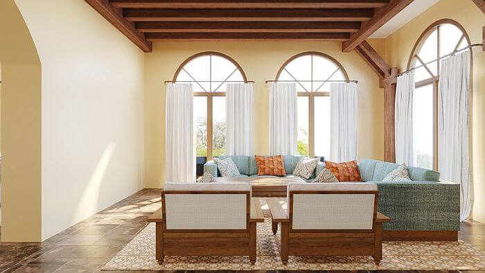 Ranch-Style living room interior with timber beams