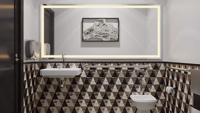 Public bathroom with brushed metal triangle tiles interior 3d rendering