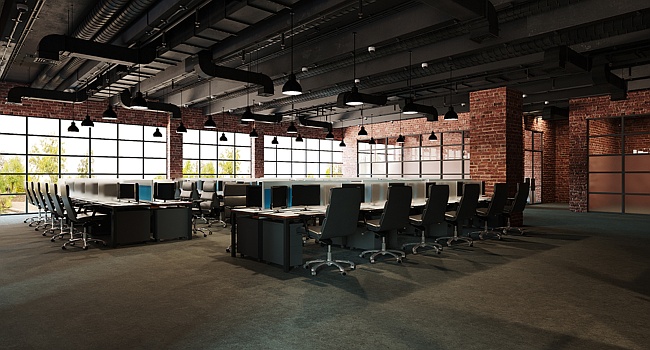 Industrial style office interior with exposed ceiling and brick wall 3d rendering
