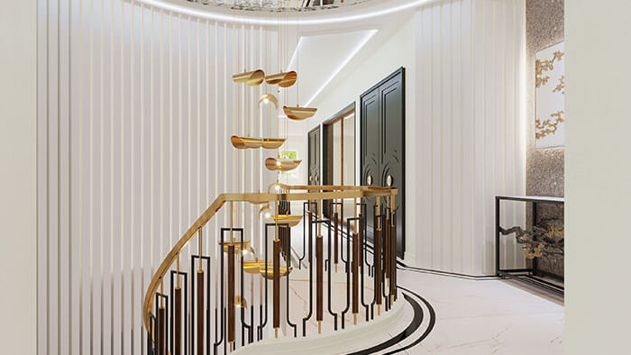 Luxary foyer interior with gold chandelier