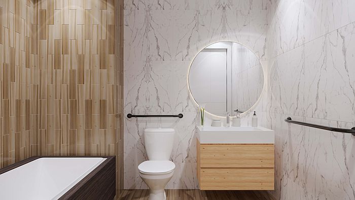 Modern bathroom interior with wooden tiles