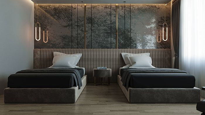 Modern black hotel bedroom interior rendering 