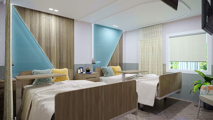 Health care resident room interior rendering