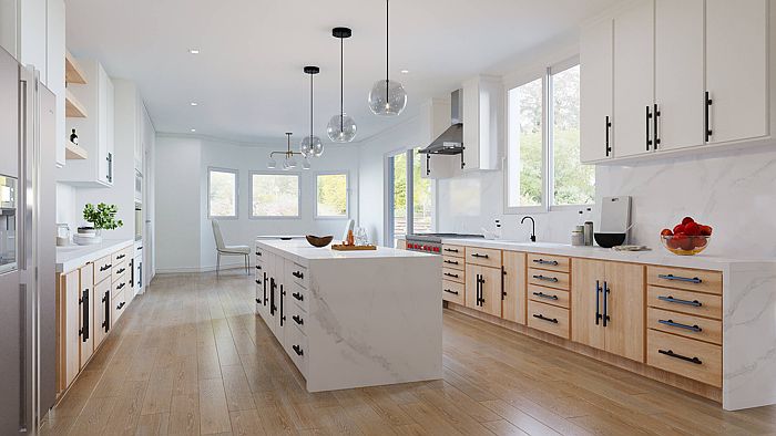 White kitchen interior with seating 3d rendering